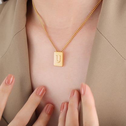 18K romantic personalized square shape necklace with 26 English letters design light luxury style