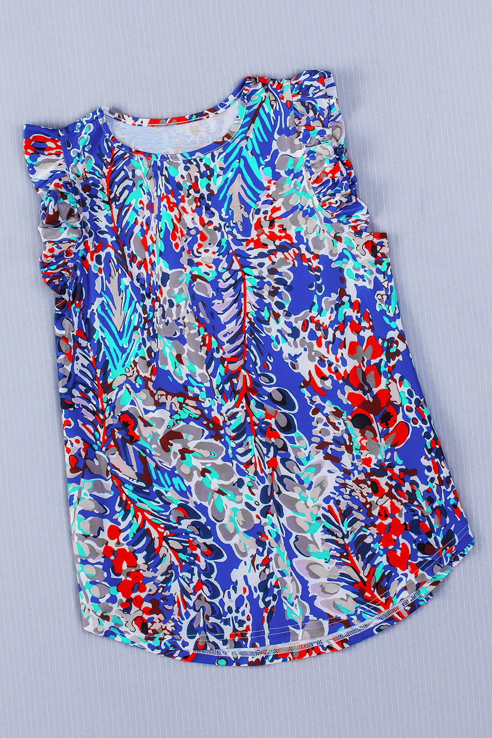 Light Blue Abstract Print Color Block Babydoll Boho Sleeveless Shirt with Ruffle