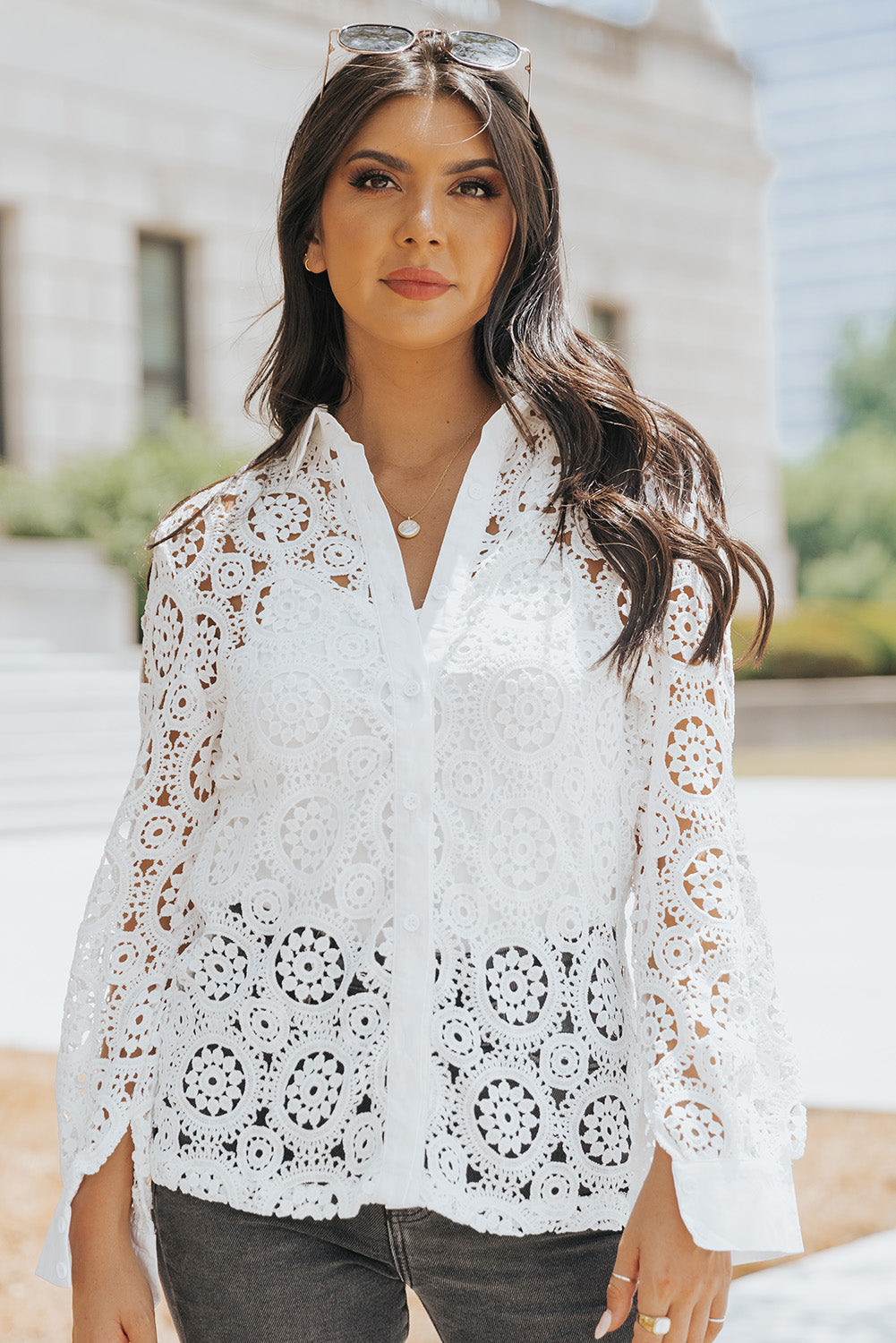 White Crochet Lace Hollow-out Turn-down Collar Shirt