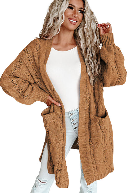 Khaki Ribbed Trim Hollow Knit Side Slits Cardigan