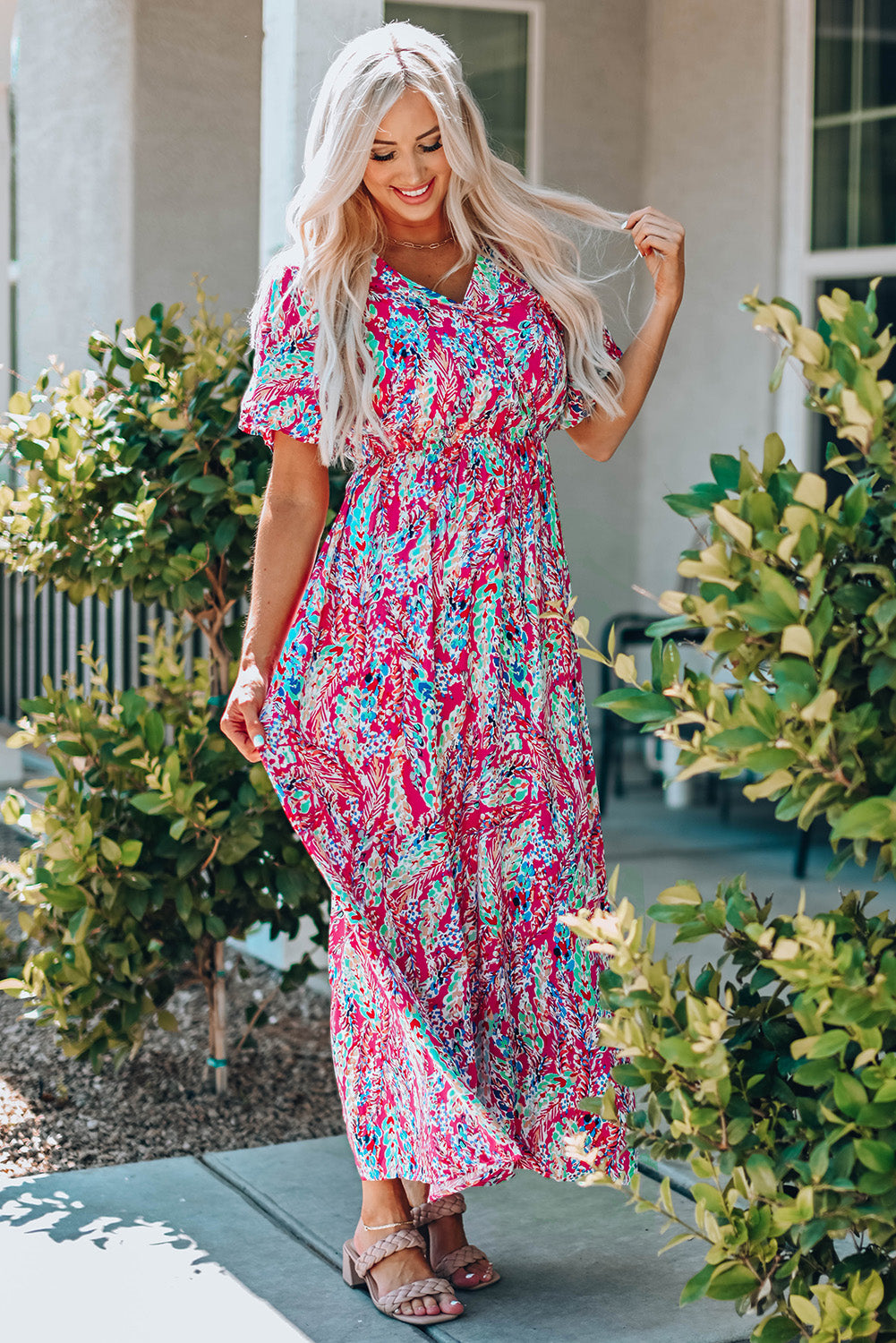 Green Wrap V Neck Floral Maxi Dress