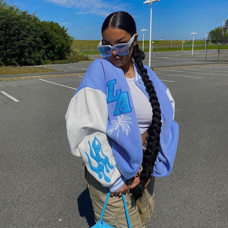 Veste d'uniforme de baseball décontractée et ample avec broderie à coutures contrastées