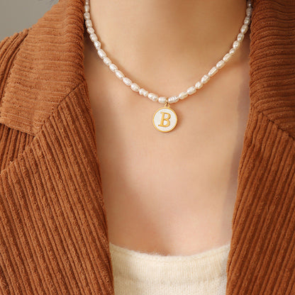 18K gold exquisite and noble pearl chain with round inlaid gemstones and 26 English letters design necklace