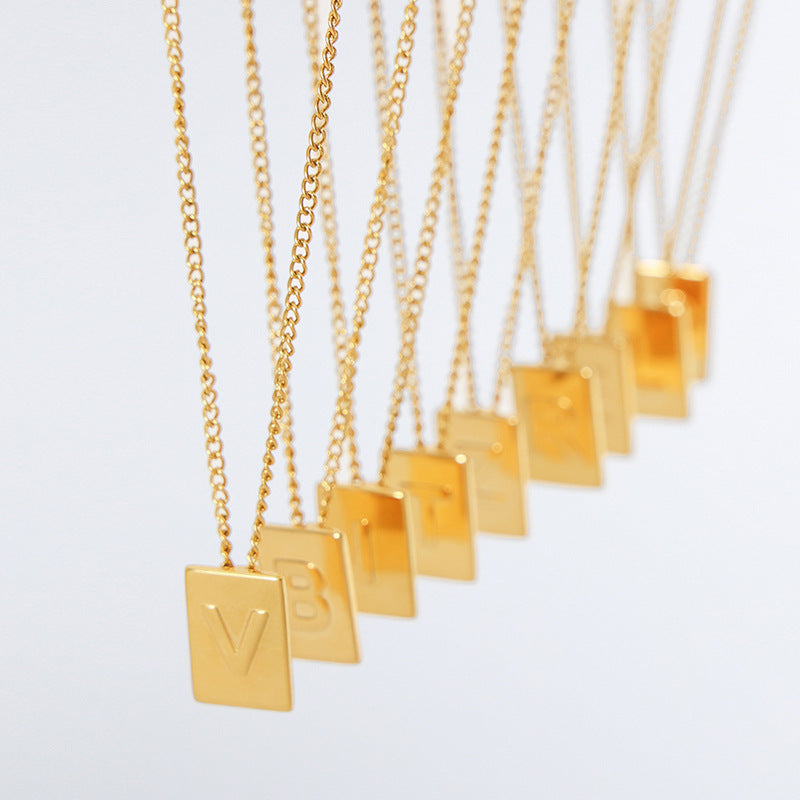 18K romantic personalized square shape necklace with 26 English letters design light luxury style