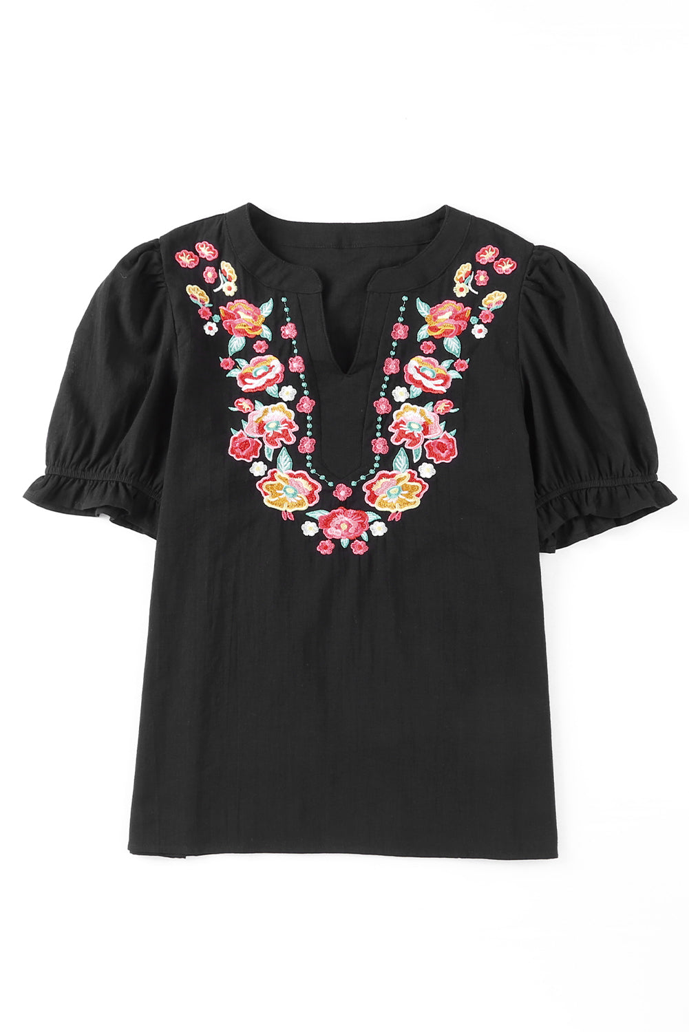 Blouse noire à manches bouffantes et à volants style Boho brodé de fleurs