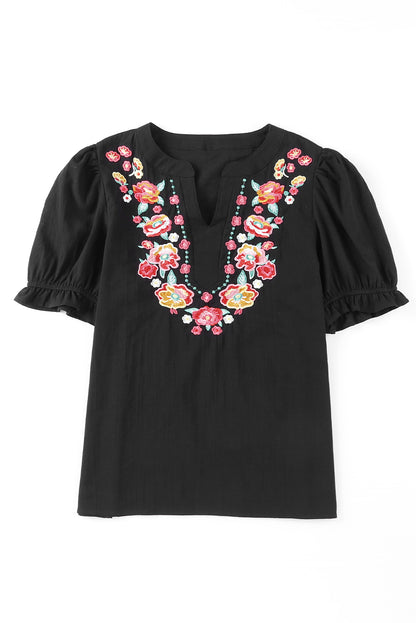 Blouse noire à manches bouffantes et à volants style Boho brodé de fleurs