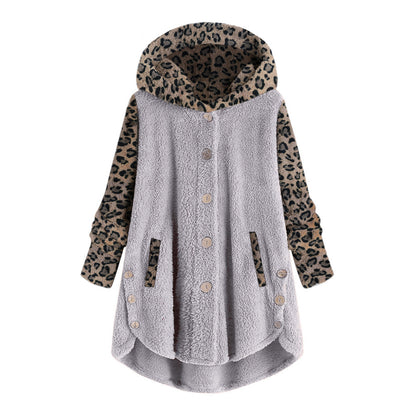 Autumn And Winter Button Long Sleeve Leopard Splicing Hooded Plush Coat For Women