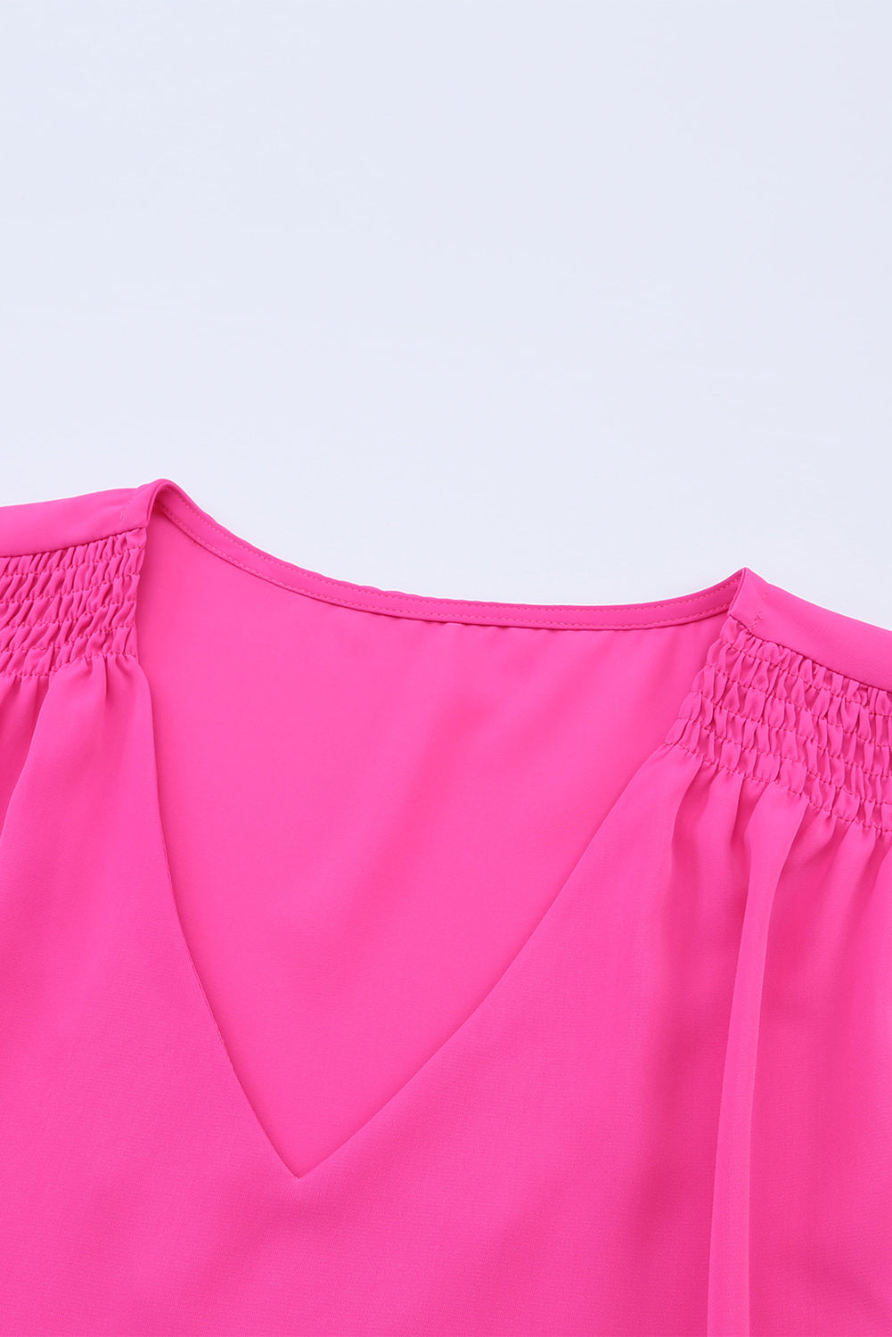 Rose Solid V Neck Smocked Puff Sleeve Blouse