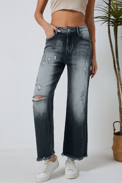 Graue Vintage-Jeans mit weitem Bein im Used-Look