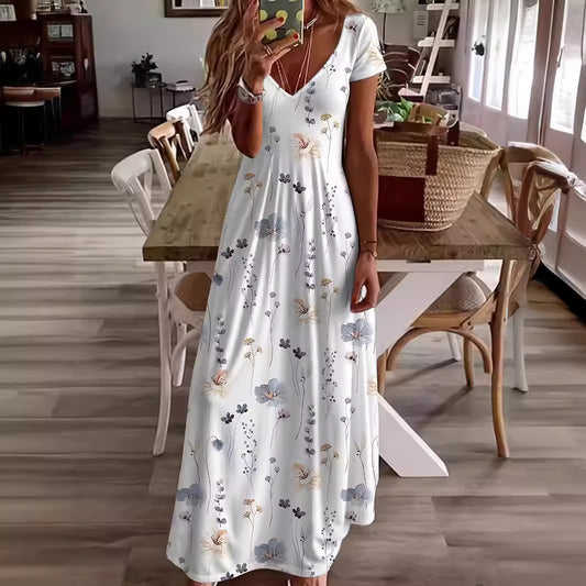 Robe longue imprimée décontractée à col en V