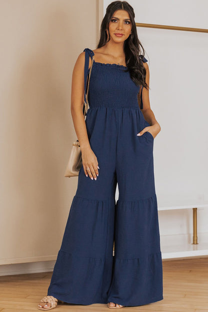 Apricot Tie Straps Shirred Casual Tiered Wide Leg Jumpsuit