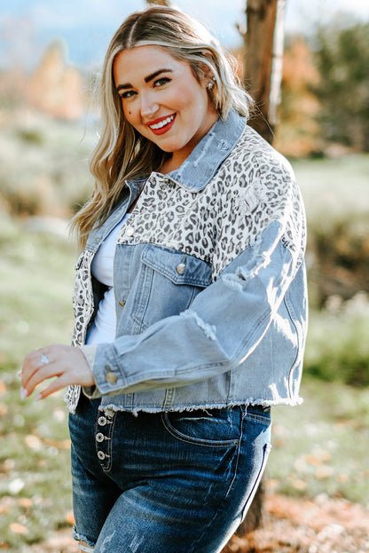 Veste en Jean Courte Déchirée Léopard Bleue Grande Taille