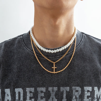 Collier polyvalent classique à trois couches empilées avec croix de perles de style hip-hop simple