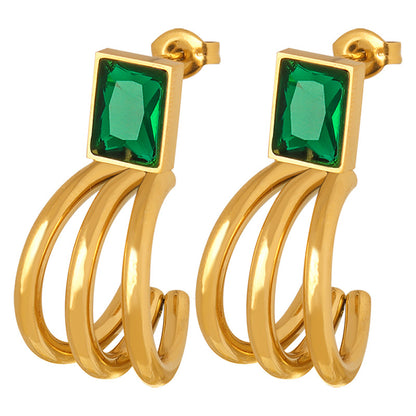 18K Gold Exquisite and Noble Inlaid Square Gem C-shaped Design Simple Wind Earrings