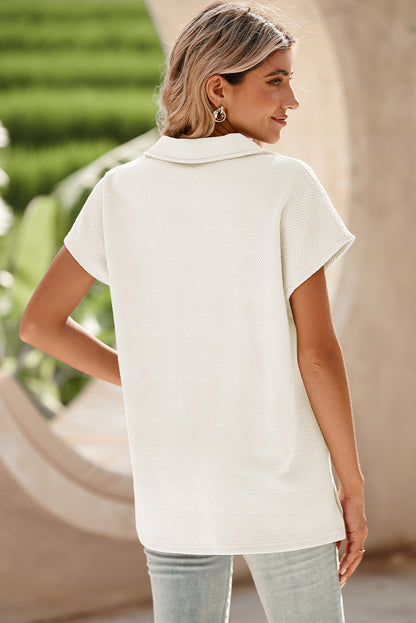 White Textured V Neck Collared Split Hem T Shirt