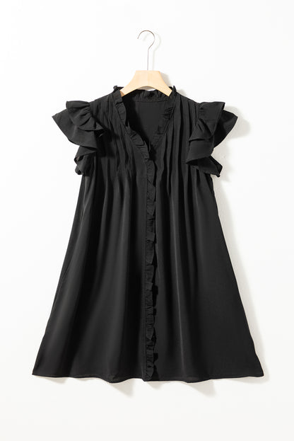 Robe droite noire à volants et manches à volants, col en V