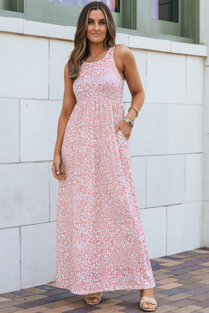 Robe débardeur longue à poches léopard rose