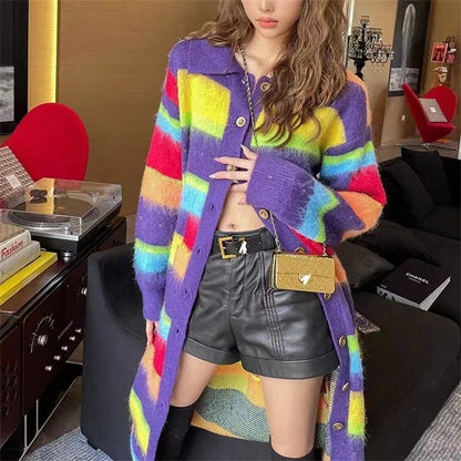 Manteau de couleur bonbon amincissant à la mode rétro style paresseux pull cardigan rayé arc-en-ciel