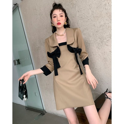 Women's Bow Knot Blazer Short Jacket Dress Set