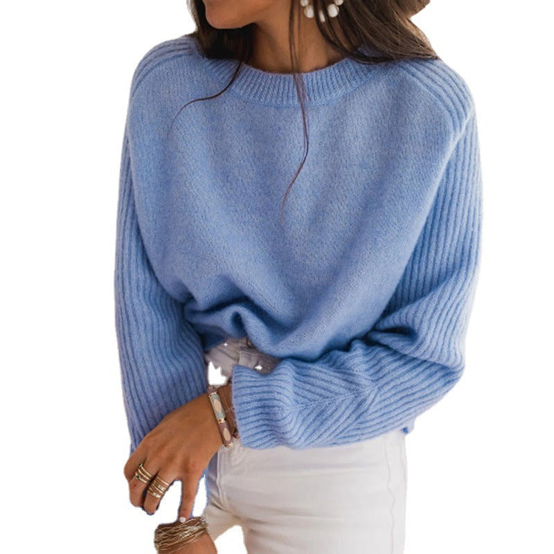 Pull en velours côtelé Bedford bleu lait européen pour femme, col rond, manches longues, tricot, vêtements décontractés pour femmes, haut en tricot à la mode, vêtements d'extérieur