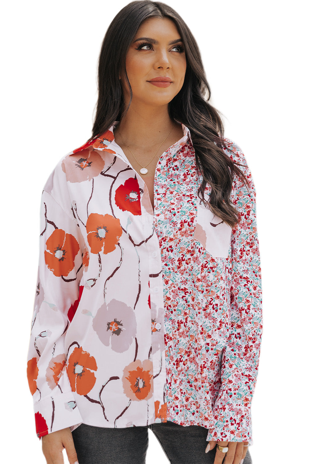 Chemise boutonnée en patchwork avec poches florales bohème rouge