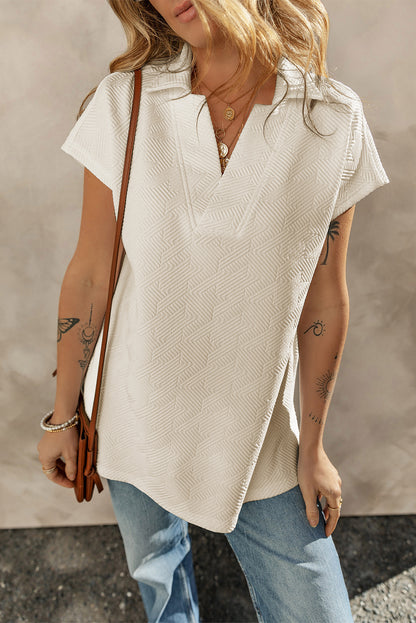 White Textured V Neck Collared Split Hem T Shirt