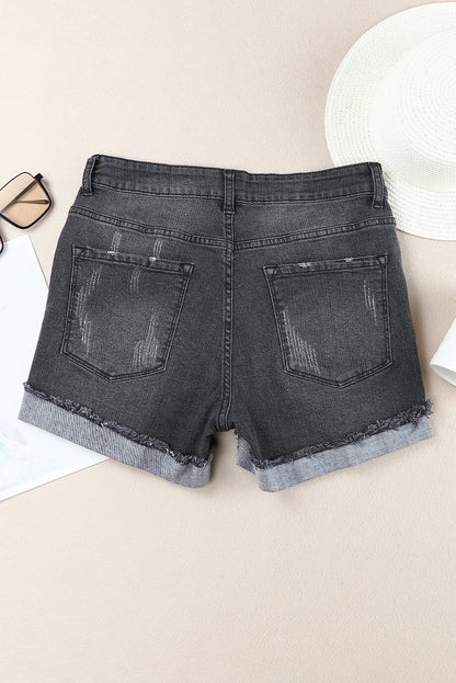 Jeansshorts in Distressed-Optik mit gerolltem Saum in Himmelblau