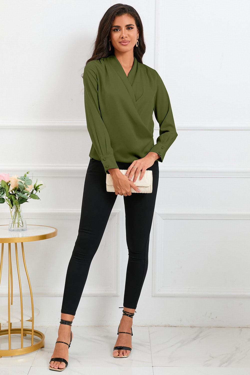 Green Solid Wrap V Neck Long Sleeve Top