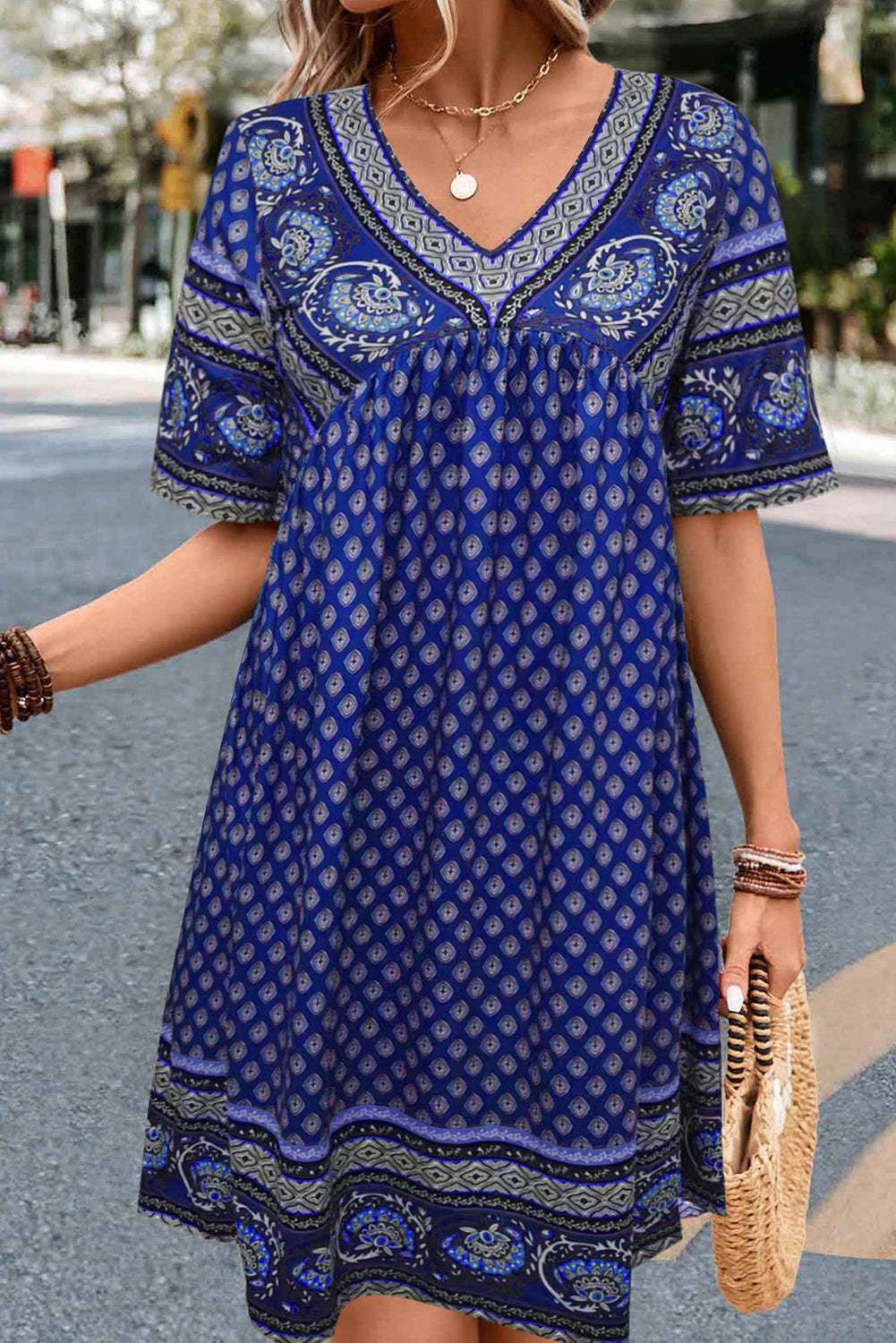 Bluing Casual Ethnic Print Short Sleeve Midi Dress