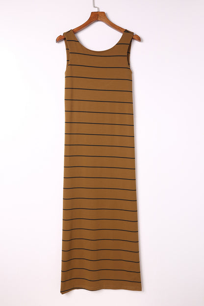 Black Stripe Print Open Back Sleeveless Maxi Dress With Slits