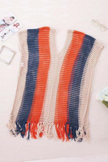 Multicolor Striped Tassel Crochet V Neck Beach Cover Up