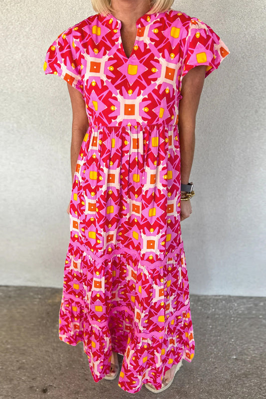 Erdbeerrosa-Maxikleid mit abstraktem Print und plissierten Volantärmeln