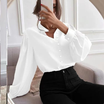 Chemise pour femme à simple boutonnage, couleur unie, col rond, manches longues