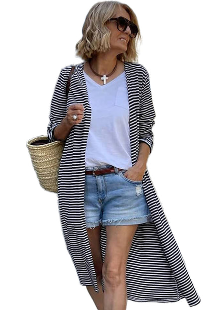 Black and White Striped Print Open Front Long Cardigan