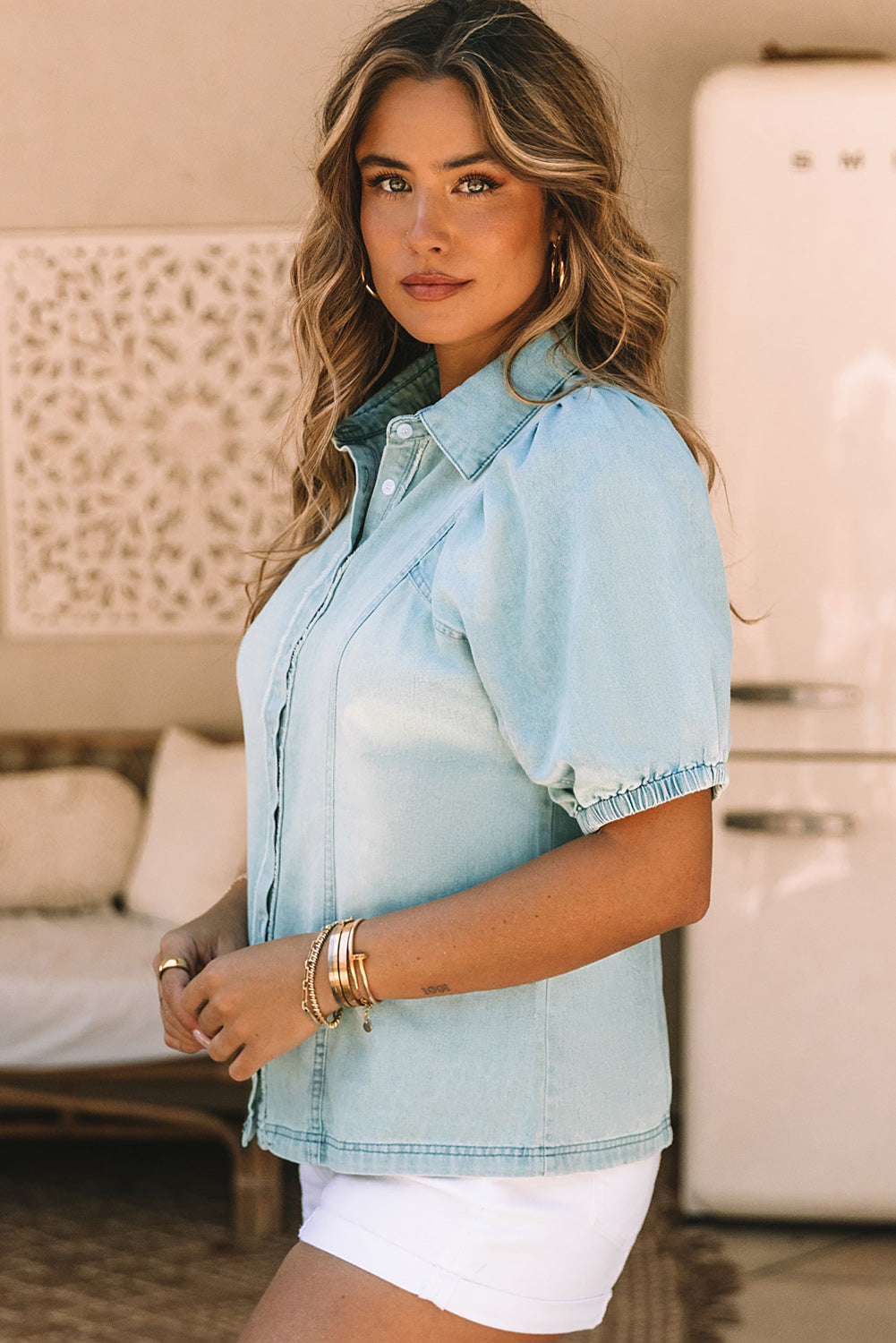 Sky Blue Distressed Bubble Sleeve Denim Shirt