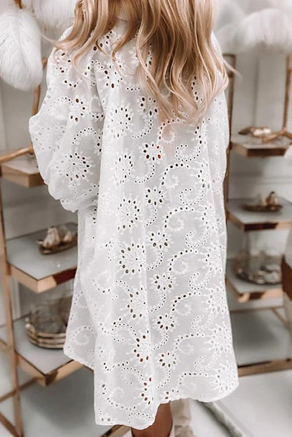 White Casual Eyelet Lace Shirt Babydoll Dress