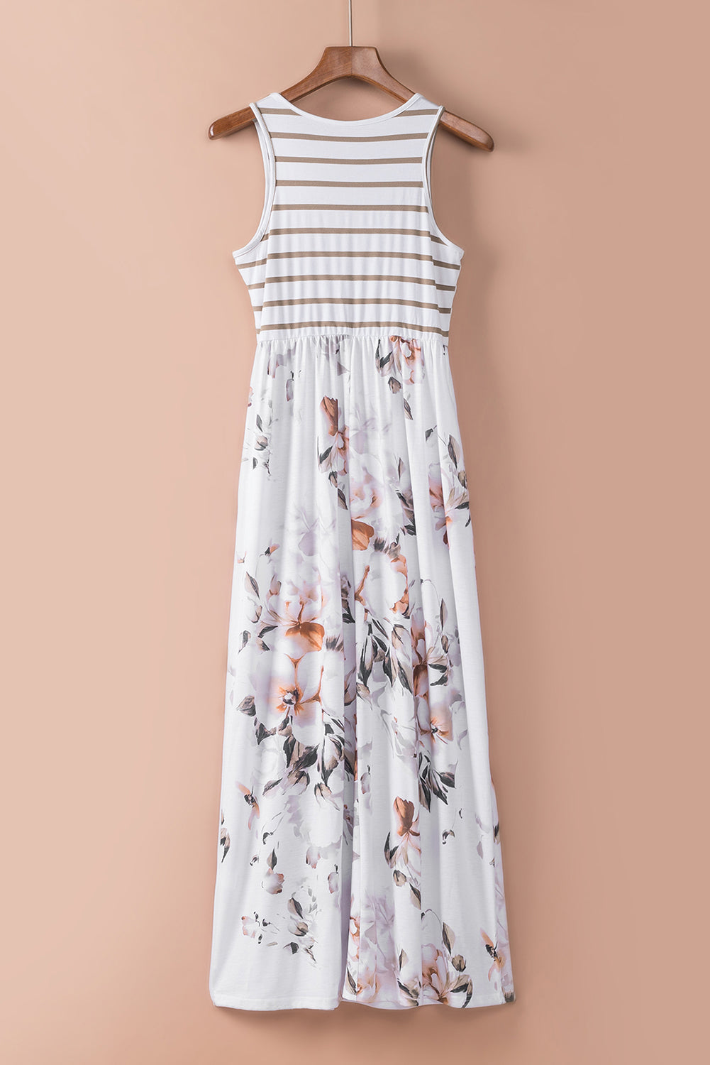 Robe longue blanche sans manches à imprimé floral et à rayures avec poche