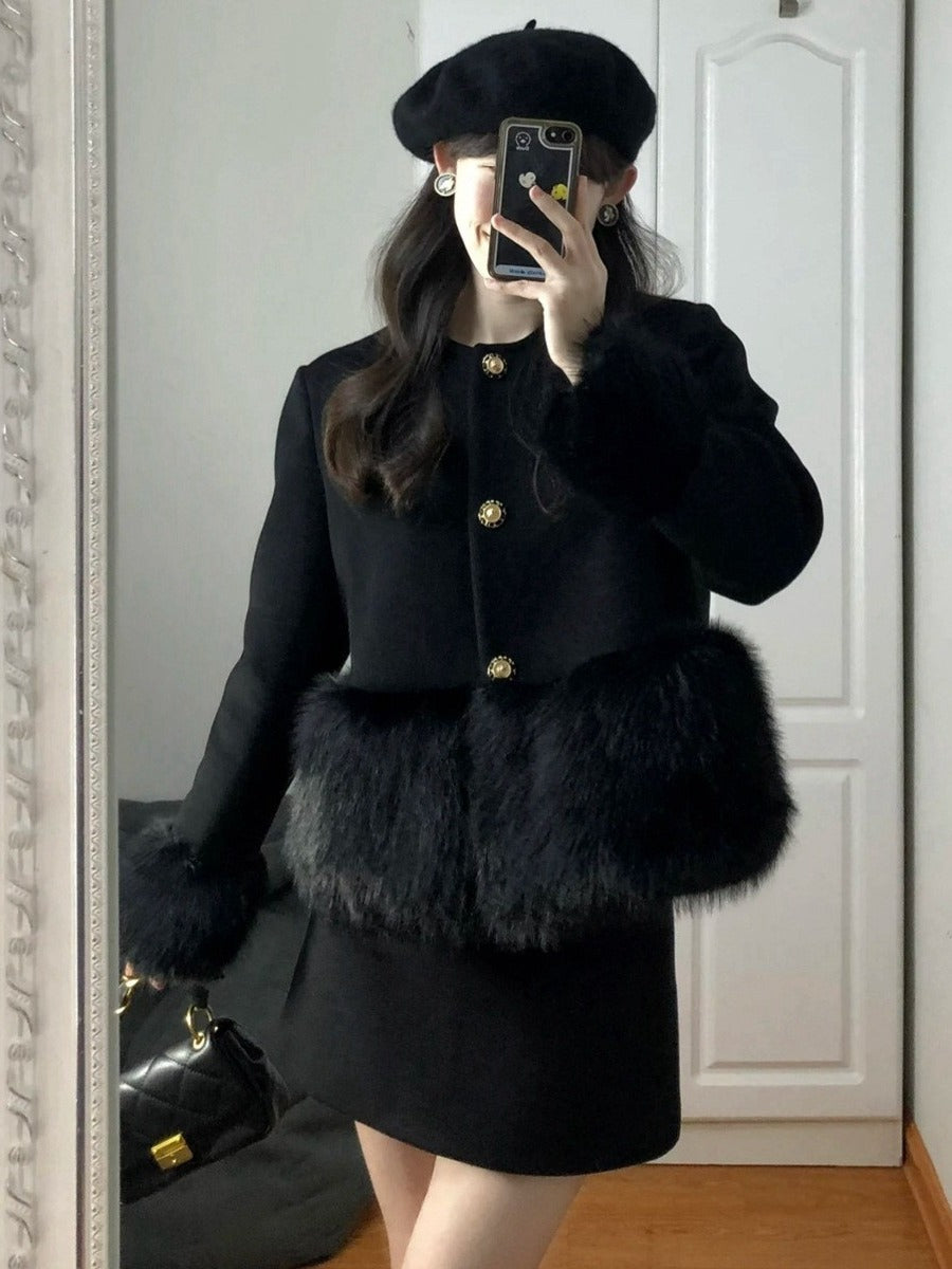 Black Heavy Industry Burr Patchwork Wool Short Coat Two-piece Overskirt Suit