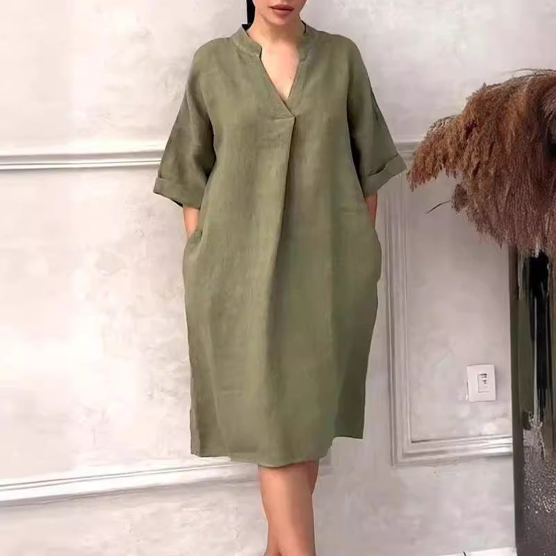 Fashion Cotton Linen Women V-neck Loose Plus Size Dress