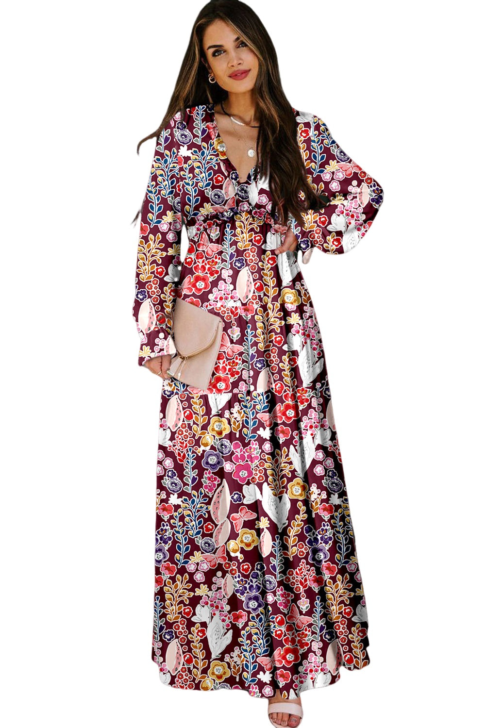 Robe longue violette à imprimé floral et col en V, taille empire