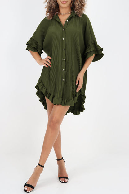 Robe chemise surdimensionnée vert mousse à manches volantées et plissées