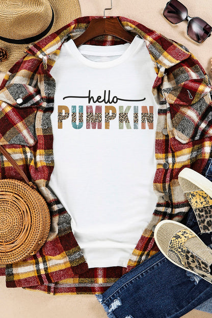 Weißes „Hello Pumpkin“-Halloween-T-Shirt mit Rundhalsausschnitt und Grafik