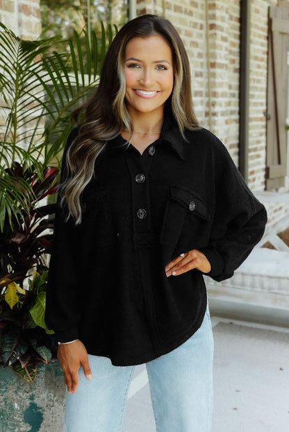 Black Polo Collar Buttoned Patchy Top with Pockets