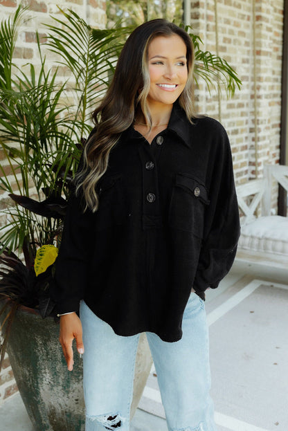 Black Polo Collar Buttoned Patchy Top with Pockets