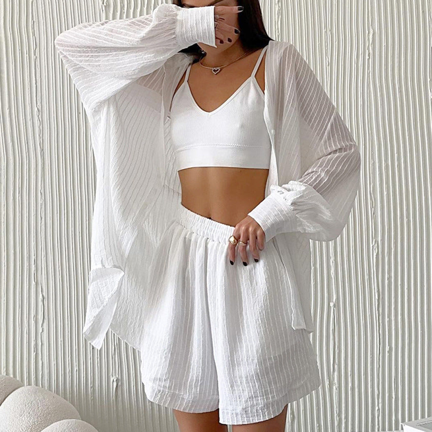 Women's Fashion Casual Long Sleeve Cardigan Shorts Suit