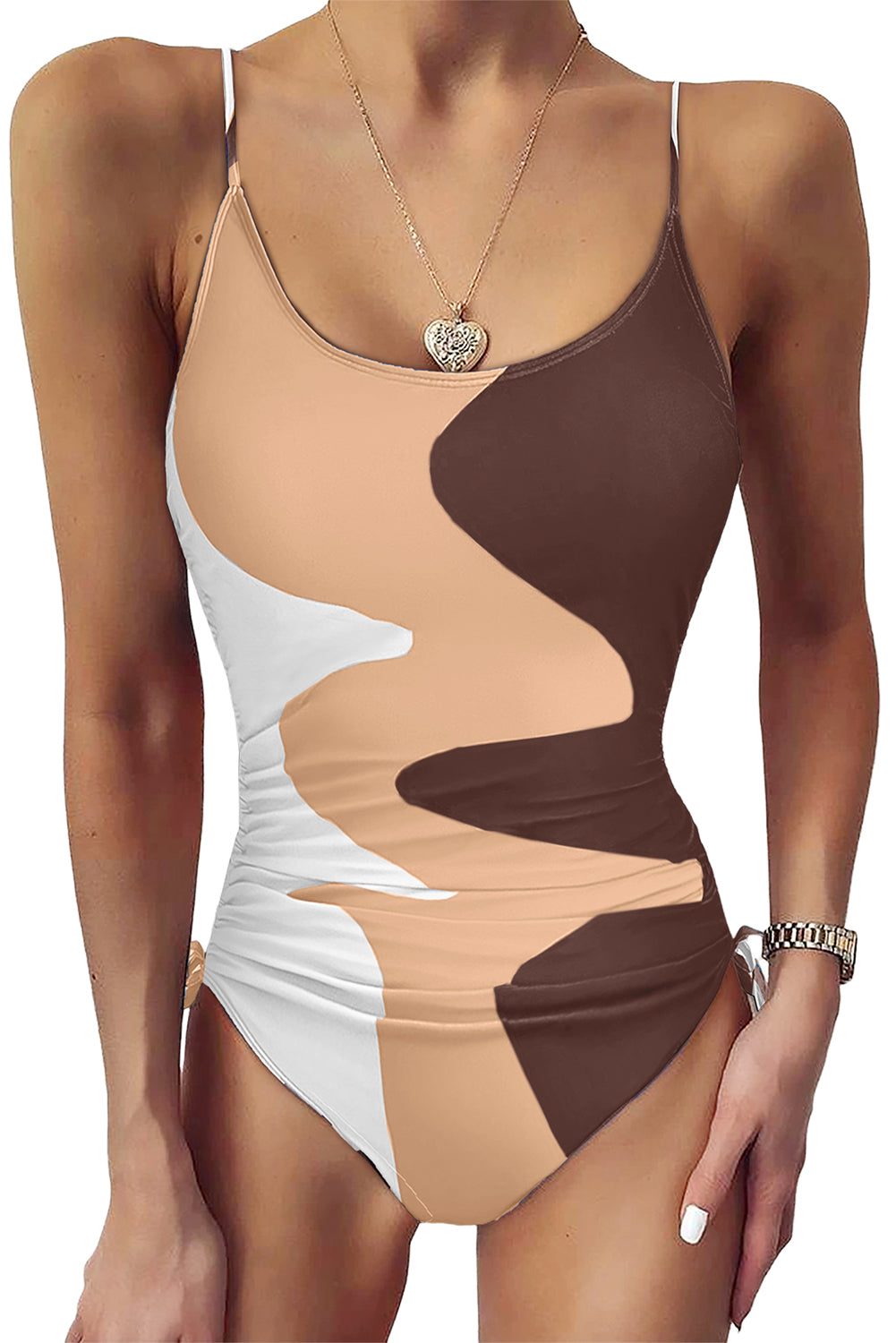 Khaki Color Block Drawstring Sides One Piece Swimsuit