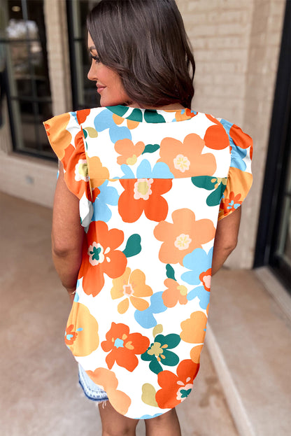 Orangefarbene Bluse mit V-Ausschnitt und Blumenmuster