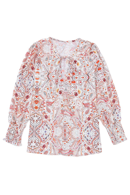 Rote Bluse mit gerafften Bündchen im Boho-Paisley-Print