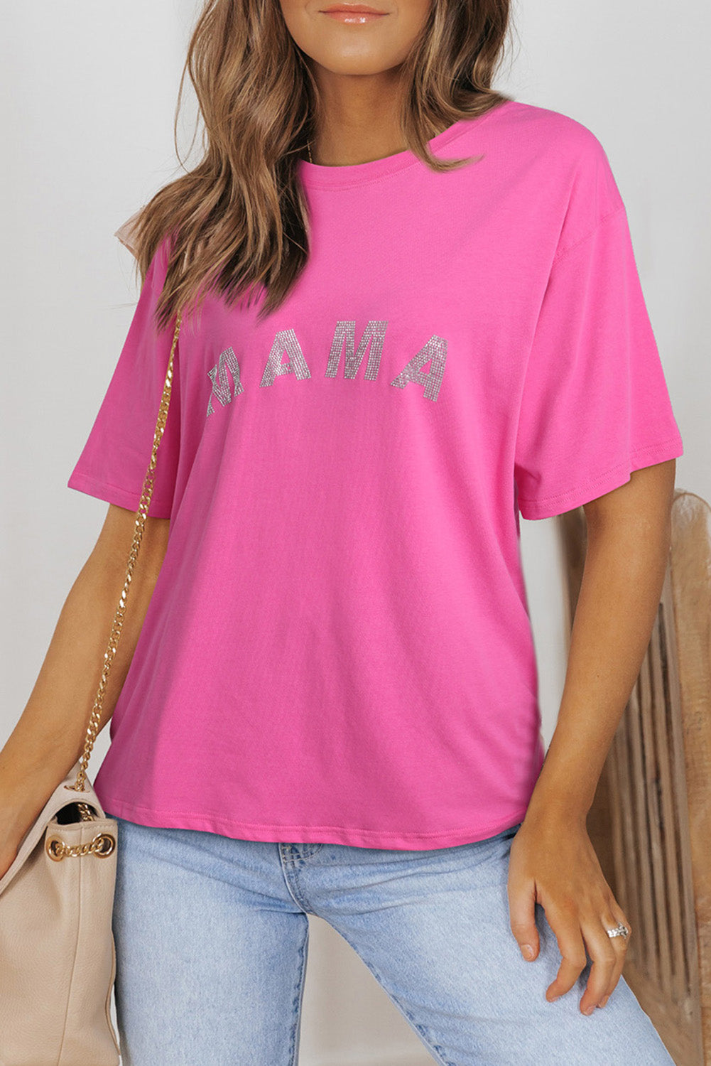 MAMA-T-Shirt mit rosa Strasssteinen und Buchstabendetail