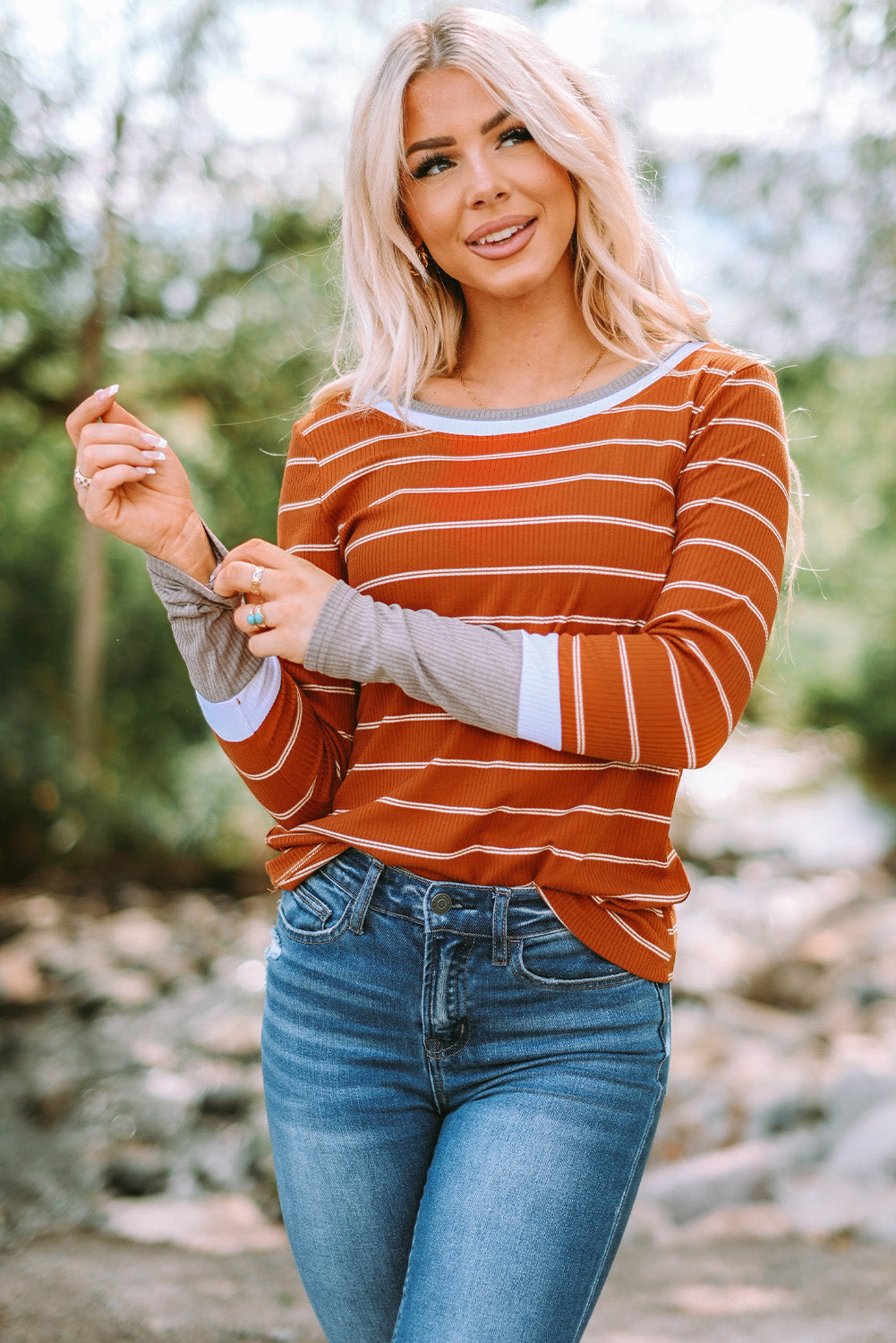 Dark Blue Striped Spliced Color Block Rib Knit Top